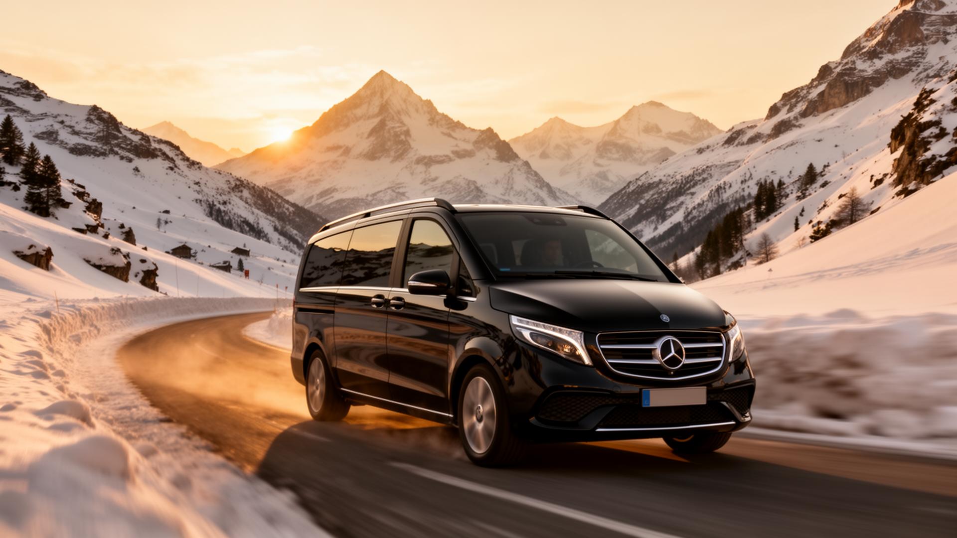 Mercedes V-Class dans les Alpes françaises au coucher du soleil